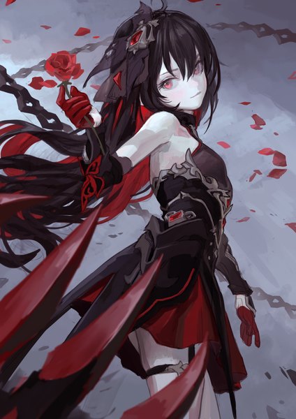 Anime picture 1000x1414 with benghuai xueyuan honkai (series) seele vollerei seele vollerei (starchasm nyx) fkey single long hair tall image fringe black hair simple background hair between eyes red eyes standing holding looking away red hair head tilt multicolored hair wind