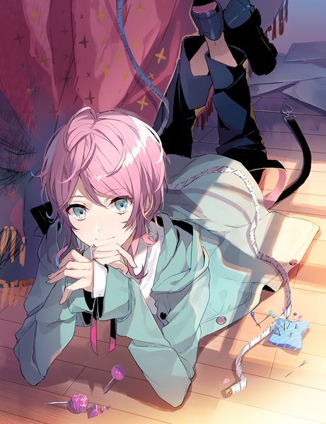 Anime picture 730x950 with hypnosis mic amemura ramuda eihi single tall image looking at viewer fringe short hair blue eyes hair between eyes pink hair lying from above open jacket on stomach leg lift (legs lift) boy food jacket sweets