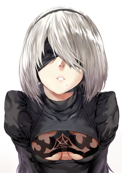 Anime picture 3307x4677 with nier nier:automata yorha no. 2 type b hews single tall image blush fringe highres short hair breasts open mouth light erotic simple background blonde hair white background absurdres upper body long sleeves lips