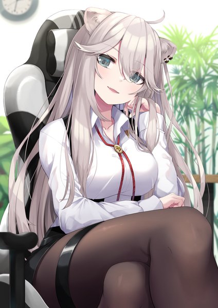 Anime picture 1448x2048 with virtual youtuber hololive shishiro botan shishiro botan (3rd costume) ken123456 single long hair tall image looking at viewer blush fringe breasts open mouth hair between eyes large breasts sitting animal ears ahoge long sleeves head tilt