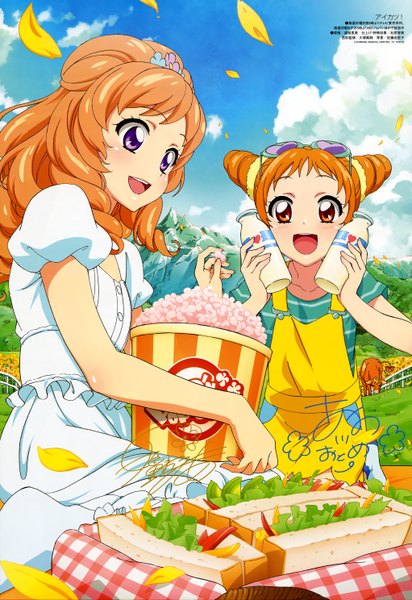 Anime picture 4087x5950 with aikatsu! animedia arisugawa otome himesato maria watanabe satomi long hair tall image highres open mouth red eyes purple eyes multiple girls absurdres sky cloud (clouds) orange hair official art girl dress 2 girls