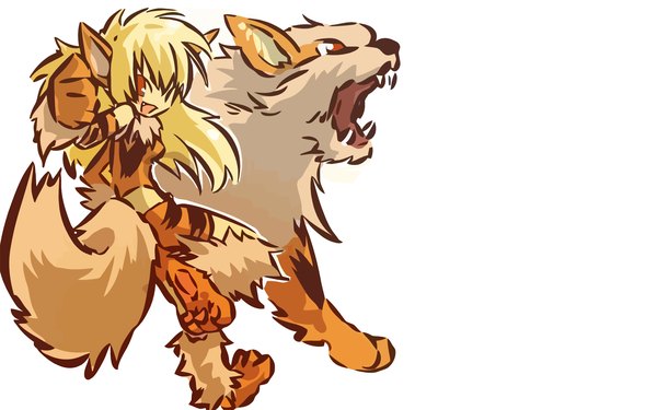 Anime picture 1680x1050 with pokemon moemon nintendo arcanine looking at viewer blonde hair simple background red eyes wide image dual persona gen 1 pokemon personification girl pokemon (creature)