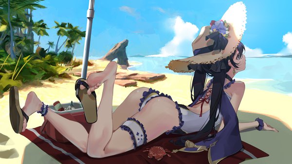 Anime picture 3508x1973 with genshin impact mona megistus sydus single long hair fringe highres light erotic black hair hair between eyes wide image twintails sky cloud (clouds) full body outdoors ass lying profile aqua eyes