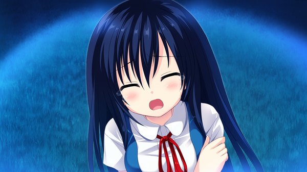 Anime picture 2560x1440 with cocoro@function! hayami asagao long hair blush highres open mouth black hair wide image game cg eyes closed tears girl