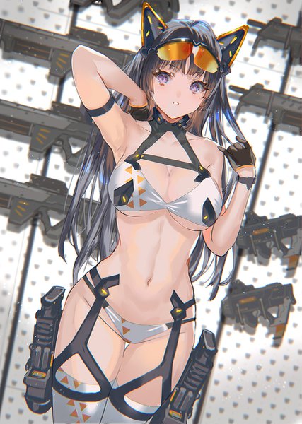 Anime-Bild 855x1200 mit original ranou single long hair tall image looking at viewer blush fringe breasts light erotic black hair large breasts standing purple eyes cleavage blunt bangs parted lips arm up armpit (armpits) thigh gap