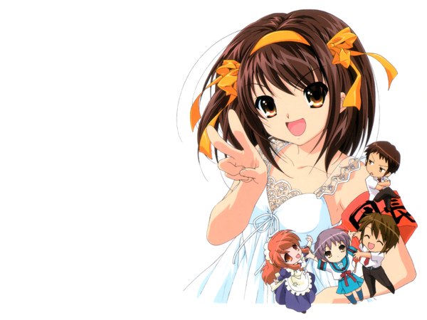 Anime picture 1600x1200 with suzumiya haruhi no yuutsu kyoto animation suzumiya haruhi nagato yuki asahina mikuru kyon koizumi itsuki maid chibi girl