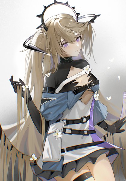 Anime picture 1668x2388 with arknights indigo (arknights) ufoliving single tall image fringe breasts simple background hair between eyes brown hair purple eyes looking away very long hair one side up girl gloves flower (flowers) black gloves elbow gloves infection monitor (arknights)