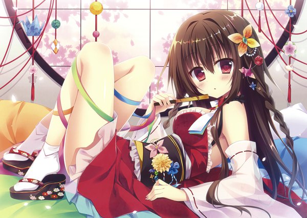 Anime-Bild 3000x2126 mit original eshi 100-nin ten matsumiya kiseri single long hair looking at viewer blush fringe highres breasts hair between eyes red eyes brown hair holding full body bent knee (knees) braid (braids) traditional clothes japanese clothes fingernails