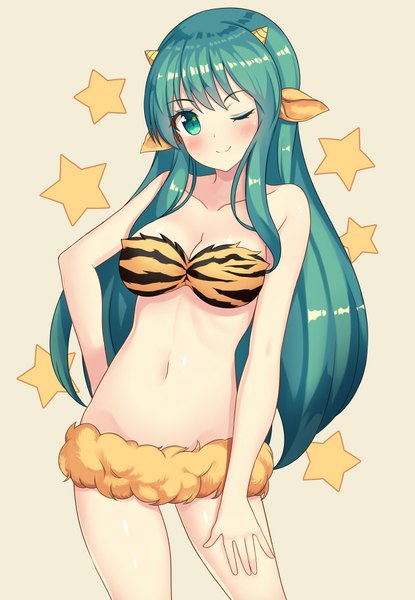 Anime picture 630x910 with urusei yatsura lum hiiragi hajime single long hair tall image looking at viewer blush fringe breasts light erotic simple background smile standing bare shoulders green eyes head tilt one eye closed horn (horns) wink