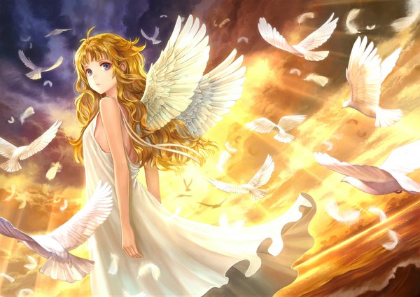 Anime picture 1024x724 with original siro single long hair looking at viewer blue eyes blonde hair sky cloud (clouds) evening sunset girl dress animal wings bird (birds) feather (feathers) sundress pigeon