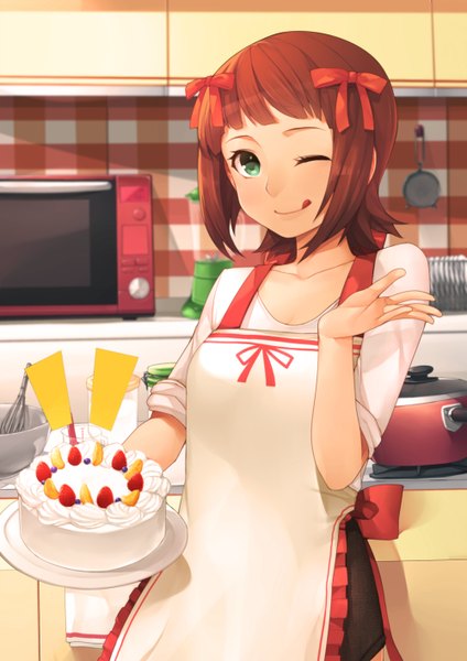 Anime picture 1000x1414 with idolmaster idolmaster (classic) amami haruka hitoto single tall image looking at viewer short hair smile brown hair standing holding green eyes one eye closed wink plaid twisty sleeves girl bow hair bow