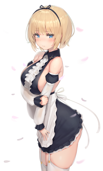 Anime picture 900x1500 with original reinama single tall image looking at viewer blush fringe short hair breasts blue eyes light erotic simple background blonde hair large breasts standing white background bare shoulders blunt bangs sideboob skindentation