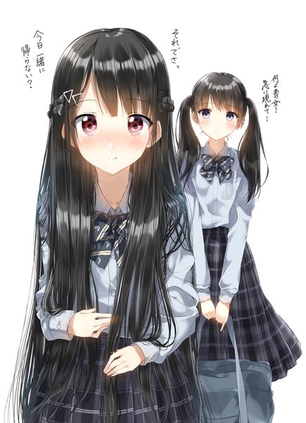 Anime picture 3376x4650 with original pentagon (railgun ky1206) long hair tall image looking at viewer blush fringe highres black hair simple background red eyes standing white background twintails multiple girls holding absurdres blunt bangs braid (braids) long sleeves