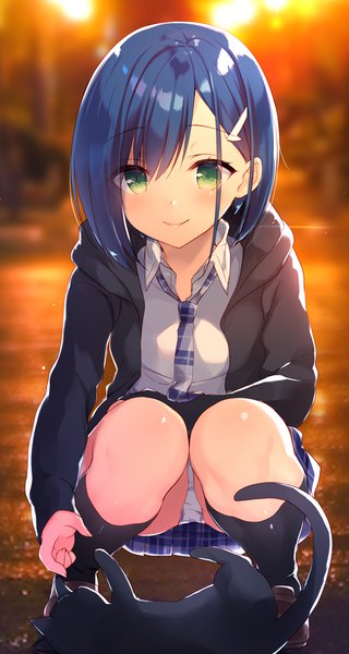 Anime picture 600x1122 with darling in the franxx studio trigger ichigo (darling in the franxx) sazaki ichiri single tall image looking at viewer blush fringe short hair light erotic hair between eyes green eyes blue hair outdoors light smile open clothes pantyshot evening plaid skirt