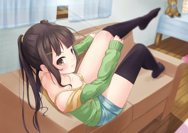 Anime picture 1748x1240 with original sasami single long hair looking at viewer highres light erotic black hair bare shoulders brown eyes legs girl thighhighs black thighhighs shorts short shorts couch