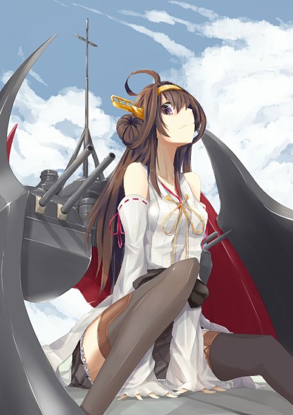 Anime picture 826x1169 with kantai collection kongou battleship nao (qqqbb) single long hair tall image looking at viewer fringe smile brown hair sitting bare shoulders brown eyes sky cloud (clouds) nontraditional miko girl thighhighs hair ornament weapon