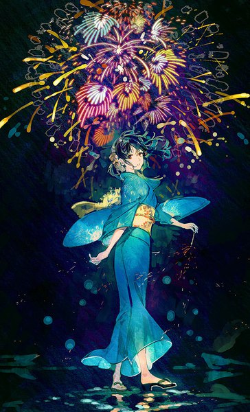 Anime picture 634x1043 with original kaisen single tall image looking at viewer short hair black hair standing full body traditional clothes japanese clothes orange eyes fireworks girl obi yukata bengal light
