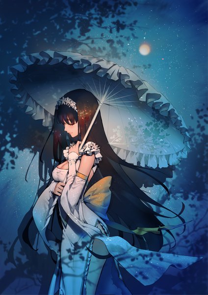 Anime picture 1850x2617 with destiny child chang'e shou shizuku (deme) single long hair tall image fringe highres breasts black hair hair between eyes standing holding cleavage outdoors eyes closed profile light smile night wide sleeves