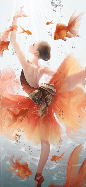 Anime picture 945x2048 with original nyaon oekaki single tall image short hair brown hair standing signed eyes closed profile arm up hair bun (hair buns) back standing on one leg bare back underwater eyeshadow arched back dancing ballerina