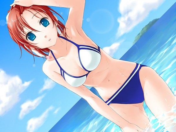 Anime picture 1024x768 with amanatsu blue eyes game cg red hair beach girl swimsuit bikini