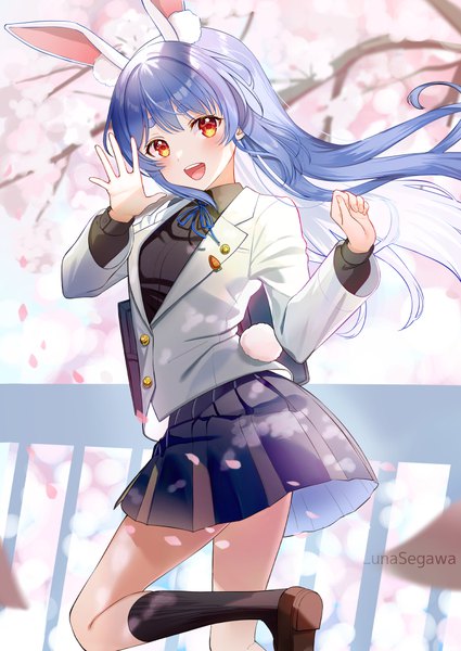Anime-Bild 752x1062 mit virtual youtuber hololive usada pekora luna (mi-chanman) single long hair tall image looking at viewer blush open mouth red eyes signed animal ears blue hair outdoors tail :d animal tail pleated skirt bunny ears