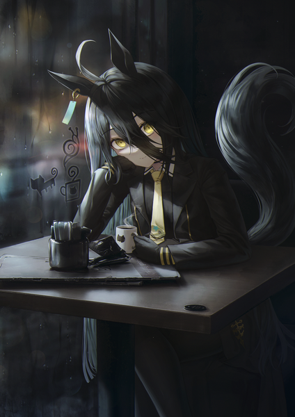 Anime picture 2833x4013 with umamusume manhattan cafe (umamusume) flippy (cripine111) single long hair tall image looking at viewer fringe highres black hair hair between eyes sitting animal ears yellow eyes ahoge tail animal tail horse ears head rest horse tail