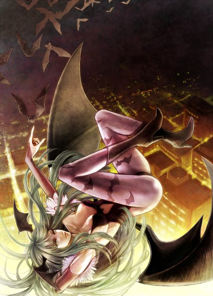 Anime picture 1000x1388 with vampire / darkstalkers (game) morrigan aensland tetra takamine single long hair tall image breasts light erotic green eyes green hair city cityscape demon girl bat wings head wings falling succubus girl gloves animal