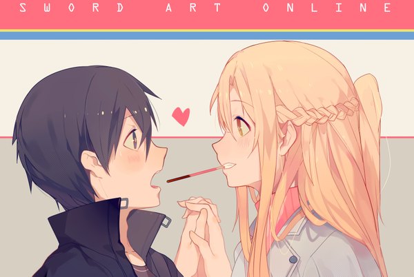 Anime picture 3525x2362 with sword art online a-1 pictures yuuki asuna kirigaya kazuto ryuutsuki basetsu long hair blush highres short hair open mouth black hair blonde hair holding brown eyes absurdres profile black eyes couple copyright name mouth hold