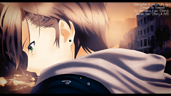 Anime picture 1280x720 with zetsuen no tempest studio bones takigawa yoshino single short hair blue eyes brown hair wide image looking away profile inscription boy hair ornament earrings hairclip scarf building (buildings)