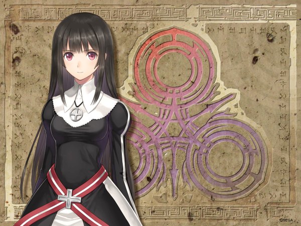 Anime picture 1280x960 with shining (series) shining ark kilmaria aideen tony taka single long hair looking at viewer fringe breasts black hair red eyes payot upper body blunt bangs girl dress black dress