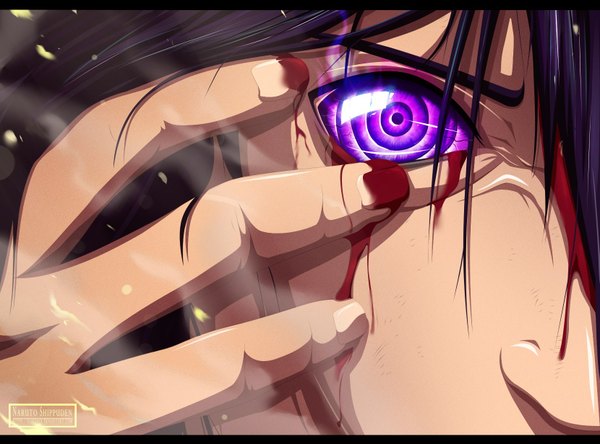 Anime picture 1660x1231 with naruto studio pierrot naruto (series) uchiha madara kortrex single long hair black hair purple eyes coloring glowing letterboxed close-up face glowing eye (eyes) rinnegan boy blood