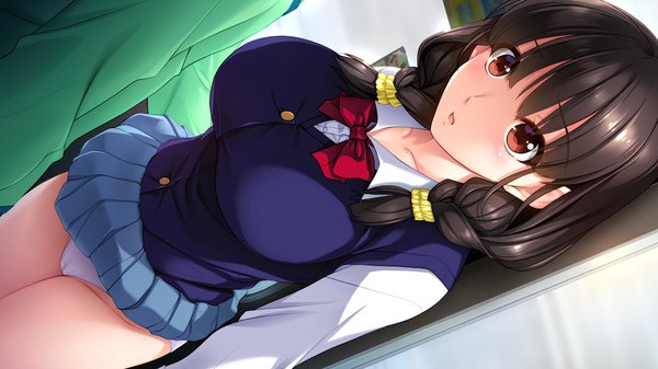 Anime picture 1280x720 with chikankyou aikawa arisa (artist) long hair blush breasts light erotic black hair red eyes wide image large breasts game cg braid (braids) from above twin braids solo focus skirt lift chikan girl skirt uniform
