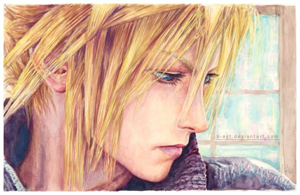 Anime picture 1024x666 with final fantasy vii advent children final fantasy final fantasy vii square enix cloud strife b-agt (artist) single short hair blue eyes blonde hair signed inscription border close-up face traditional media watercolor (medium) boy