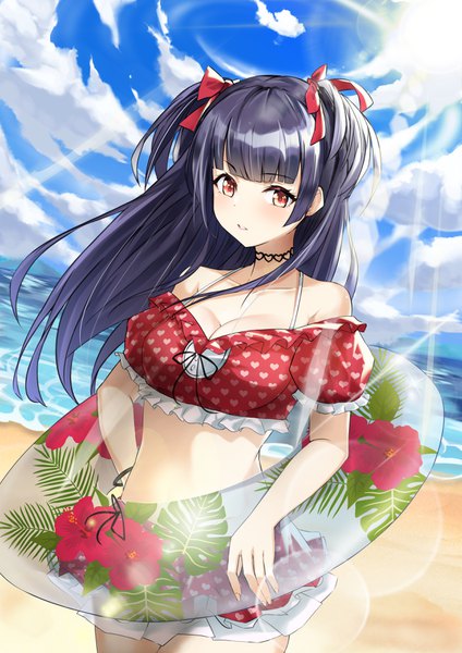 Anime picture 2480x3508 with idolmaster idolmaster shiny colors mayuzumi fuyuko momochi (hana tubakino) single long hair tall image blush fringe highres breasts light erotic black hair standing bare shoulders payot sky cleavage cloud (clouds) outdoors