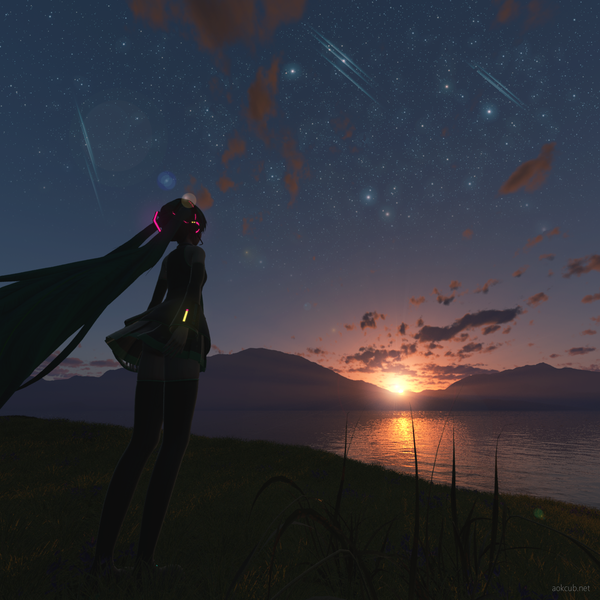 Anime picture 2000x2000 with vocaloid hatsune miku aokcub single highres standing twintails signed cloud (clouds) very long hair pleated skirt from behind sunlight aqua hair night zettai ryouiki night sky back mountain lake