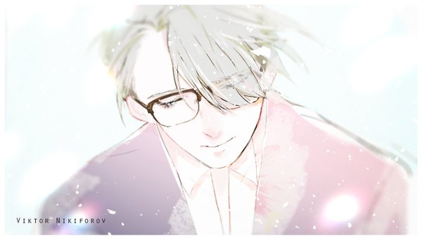 Anime picture 1246x711 with yuri!!! on ice mappa viktor nikiforov say hana single fringe short hair simple background wide image silver hair upper body light smile from above hair over one eye character names looking down bespectacled boy glasses