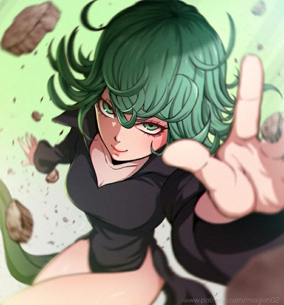 Anime picture 800x858 with one-punch man madhouse tatsumaki magion02 single tall image looking at viewer fringe short hair smile green eyes cleavage green hair from above blurry midriff watermark outstretched hand girl dress