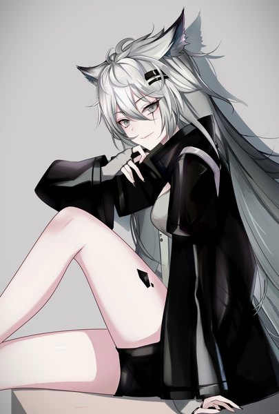 Anime picture 2604x3858 with arknights lappland (arknights) ateoyh single long hair tall image looking at viewer fringe highres simple background smile hair between eyes sitting holding animal ears payot bent knee (knees) long sleeves nail polish head tilt