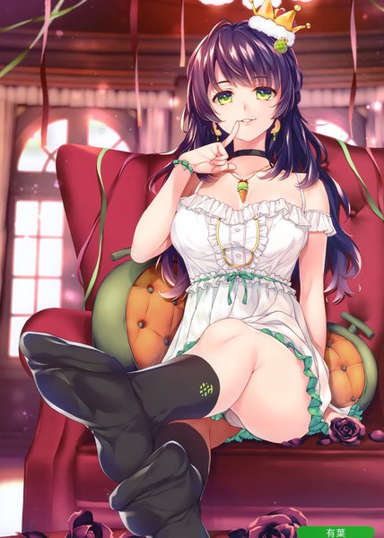 Anime picture 2099x2945 with melonbooks alpha (yukai na nakamatachi) single long hair tall image looking at viewer blush fringe highres light erotic smile sitting green eyes signed purple hair indoors blunt bangs parted lips scan arm support