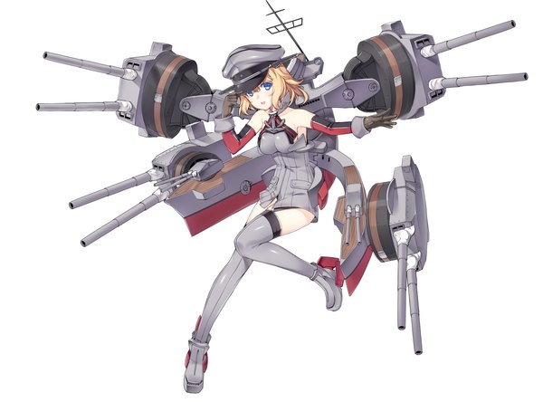 Anime picture 2165x1604 with kantai collection bismarck battleship kuro (kuronell) single looking at viewer highres short hair blue eyes simple background blonde hair white background girl thighhighs dress gloves uniform weapon detached sleeves gun short dress