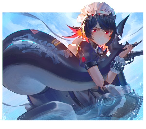Anime picture 3500x3100 with zenless zone zero ellen joe ink zi mo single looking at viewer highres short hair black hair red eyes holding absurdres tail maid border outside border frown fish tail girl uniform headdress
