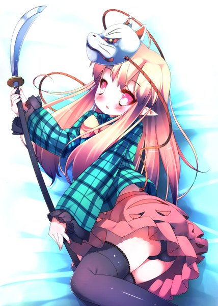 Anime picture 1000x1403 with touhou hata no kokoro zefa (neoaltemice) single long hair tall image blush open mouth light erotic pink eyes multicolored hair pointy ears two-tone hair pantyshot mask on head girl thighhighs dress skirt weapon