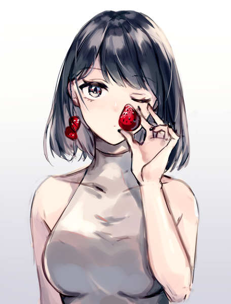 Anime picture 992x1305 with original itsia single tall image looking at viewer blush fringe short hair breasts black hair simple background upper body blunt bangs nail polish fingernails gradient background silver eyes multicolored eyes girl food