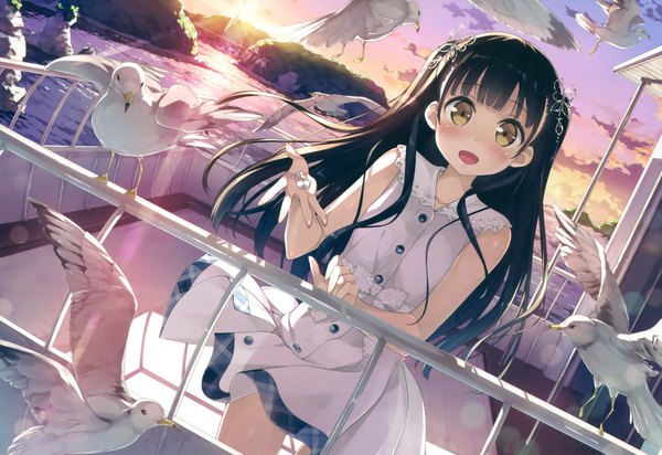 Anime picture 2777x1911 with original nagisa (kantoku) kantoku single long hair looking at viewer blush fringe highres open mouth black hair standing yellow eyes sky cloud (clouds) outdoors blunt bangs sunlight scan shadow