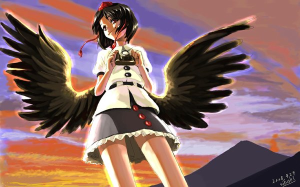 Anime picture 1083x676 with touhou shameimaru aya shiba itsuki wide image girl hat wings camera