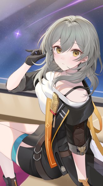 Anime picture 2617x4721 with honkai: star rail honkai (series) trailblazer (honkai: star rail) stelle (honkai: star rail) ion (on01e) single long hair tall image looking at viewer fringe highres hair between eyes sitting yellow eyes grey hair turning head shooting star girl gloves black gloves