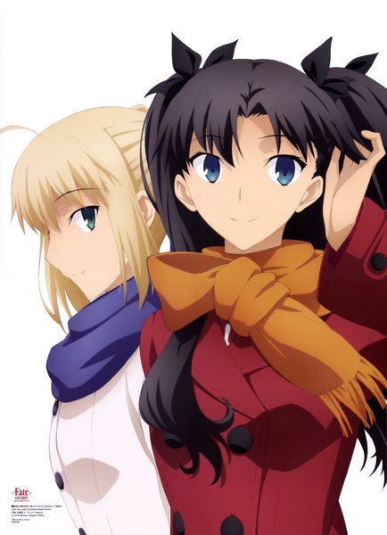 Anime picture 5644x7792 with fate (series) fate/stay night type-moon artoria pendragon (all) saber toosaka rin saitou tetsuhito long hair tall image highres blue eyes black hair blonde hair smile white background multiple girls absurdres official art girl bow