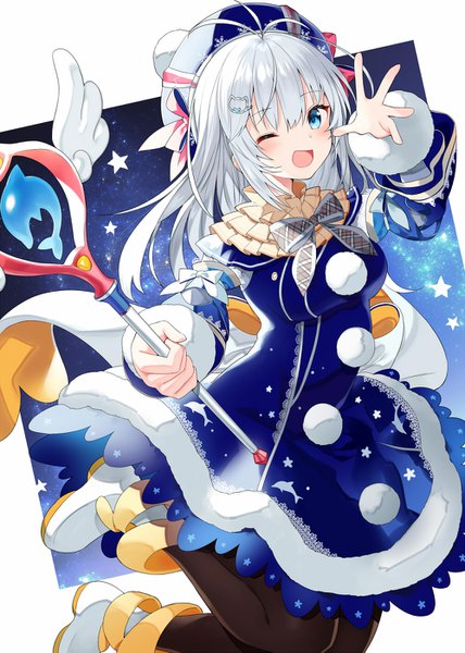 Anime picture 1000x1402 with virtual youtuber .live dennou shoujo siro yon (letter) single long hair tall image looking at viewer fringe open mouth blue eyes hair between eyes silver hair ahoge one eye closed wink ;d animal print snowflake print girl