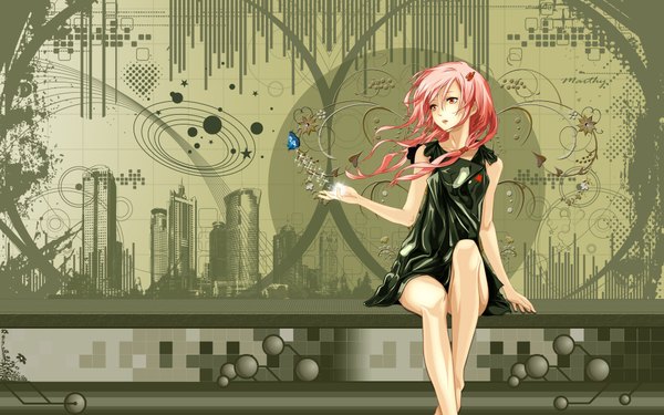 Anime picture 1920x1200 with guilty crown production i.g yuzuriha inori single long hair highres red eyes wide image sitting bare shoulders pink hair abstract girl dress hair ornament hairclip black dress insect butterfly