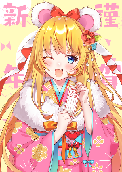Anime-Bild 1200x1697 mit original fujishiro kokoa single long hair tall image looking at viewer open mouth blue eyes blonde hair animal ears upper body traditional clothes japanese clothes one eye closed wink fang (fangs) ;d new year nengajou mouse ears